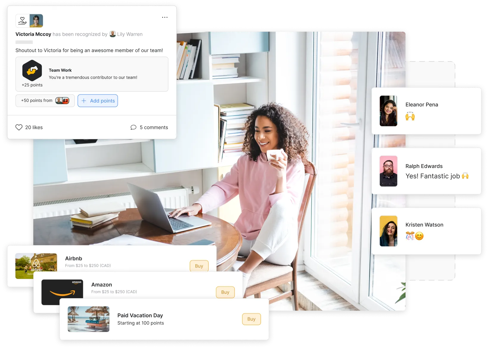 Illustration of a person receiving a birthday post with comments and possible rewards they can purchase